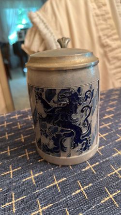 Pewter and Stoneware with Cobalt Blue Lion Mug