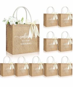 10 Pack Burlap Bags with Handle Ribbon