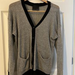 Harlowe & Graham Women Silver Gray Lightweight Cardigan w/ Black Trim Large EUC  Gorgeous.  I would describe this cardigan as ethereal.  It is lightwe