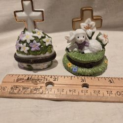 VTG Porcelain religious cross hinged Trinket Boxes  Lot Of 2