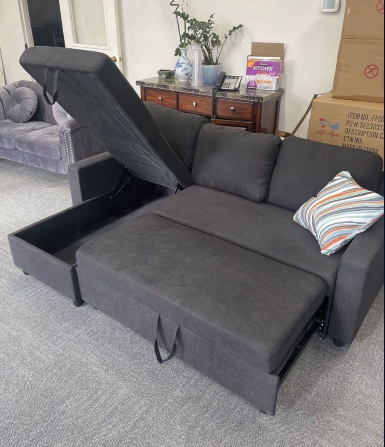 Early Black Friday Sale Gray Microfiber Sectional Sleeper Sofa Couch