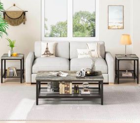 Coffee Table Set of 3, Industrial Coffee Table with 2 Square End Side Tables, Modern Living Room Table Set with Metal Frame for Apartment Home Office,