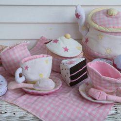 Kids Soft Play Food - Plush Pink Gingham Tea Set & Felt Desserts -Pottery Barn Kids- Donuts/ Removable Ice Cream Cone/ Snow Cone/ Pink Picnic Cloth