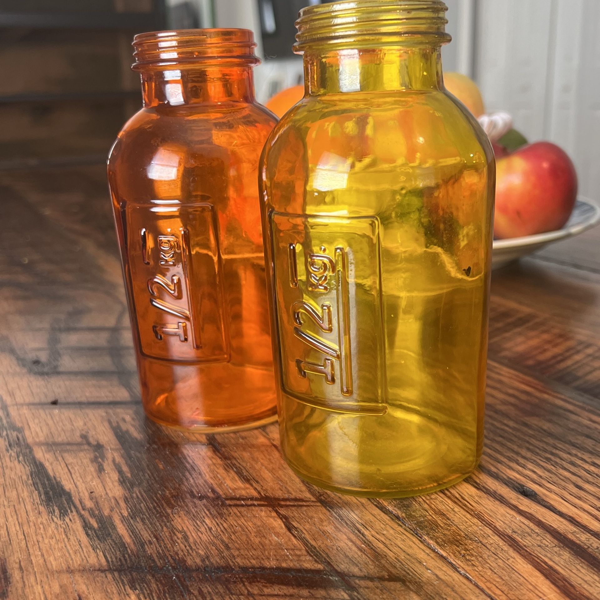 Apothecary Medical Glass Jar Bottle - Vintage - Marked 1/2 kg - 6.5” No Lid - Orange & Yellow