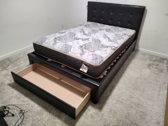 Brand New Bed Frame Faux Leather Front Drawer With Orthopedic Bamboo Matt Queen: $430 Full: $419