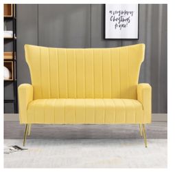 Velvet Leisure Sofa, Curved Tufted Contemporary Velvet HighBack Loveseat Sofa Chair, Upholstered Couch with Gold Metal Legs Two-Seat Sofa for Living R