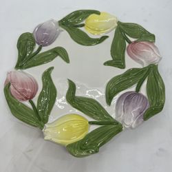 VTG Omnibus Japanese Hand Painted Tulips Flowers Serving Plate 9” Round Easter
