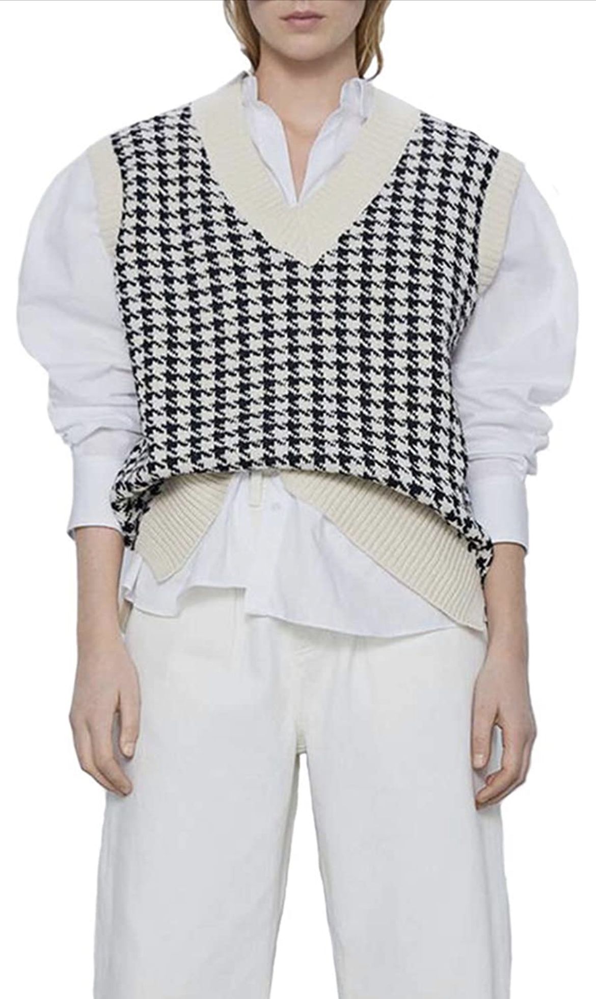 Amazon Houndstooth Pattern Knit Sweater Vest Sleeveless Loose S 