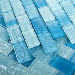 5pk Glass Mosaic Tile Light Blue Wave 12 x 12 Inch Glossy Glass Tile for Swimming Pool Backsplash Shower Waterline Fountain Spa Wall (5-Pack, 5 sq.ft.