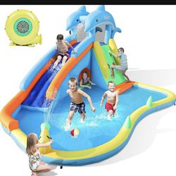 Inflatable Water Slide, Bounce House for Wet and Dry, Climbing Wall & Larger Splash Pool, Water Gun & Hiding Hole, Outdoor Backyard Waterslide for Kid