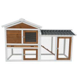 58" Wooden Outdoor Indoor Roof Waterproof Bunny Hutch Rabbit Cage Guinea Pig Coop PET House for Small to Medium Animals with Stairs and Cleaning Tray