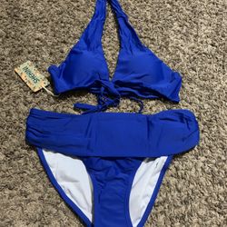 Shekini Women’s Bikini Bathing Suit Triangle Cup Twisted Bottom Blue Size Medium