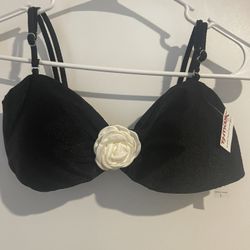 NWT TiniBikini Size L Black Bikini Top With White Flower Accent
