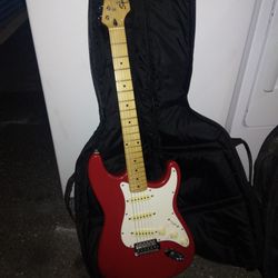 Fender Sratocaster Squire Guitar Excellent New Condition Includes Travel Bag Carrying Case With Original Fender Strap And Trebler Bar
