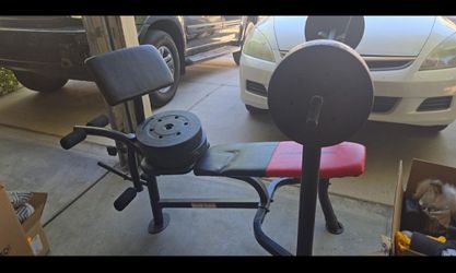 Weight Bench with Barbell and Weight Plates
