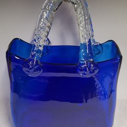 Beautiful Vintage Murano Style Blue Glass Handbag Vase 