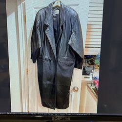 Rare Vintage L Black Long Leather Coat