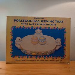 Vintage Porcelain Egg Serving Tray With Salt And Pepper Shakers