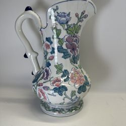 Large Victorian Ceramic  Floral Pedestal Water Pitcher 12” Height. SEE DESCR