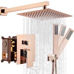 10 Inch Rainfall Shower Head with Handheld Spray, Luxury Brass Rain Shower Set Complete, Bathroom Shower Faucet System - Rose Gold