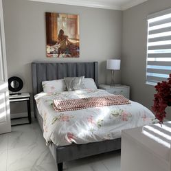 Gray Velvet Queen Bed with Mattress – Modern Upholstered