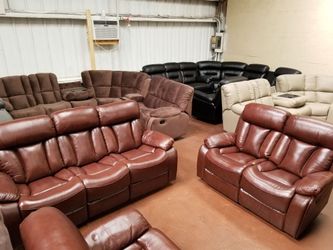 Brown shava genuine real leather 2 pc recliner living room set sofa and loveseat
