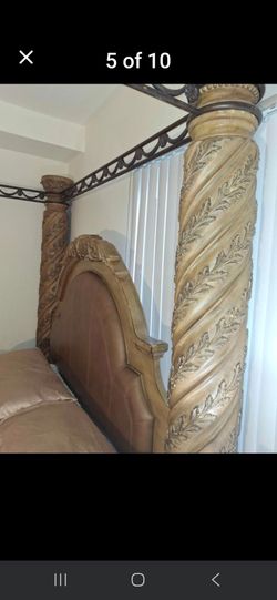 King Size Mediterranean Carved Wood Canopy Bed