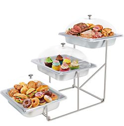 High-Capacity 3 Tiered Serving Trays Platters With Cover Stainless Steel Dessert Cup Cake Table Display Stands Food Snake Fruit Catering Supplies Buff