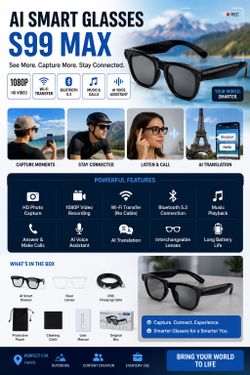 AI Smart Glasses S99 MAX – HD Camera | Bluetooth 5.3 | Wi-Fi Transfer | Music & Calls