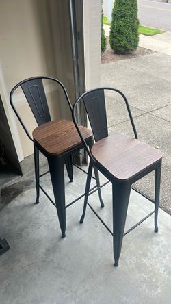 Metal Bar Stools with Faux Wood Seats