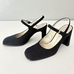 Martinez Valero Womens 7 B Black Suede Leather Square Head Sandals 3.75” Heel