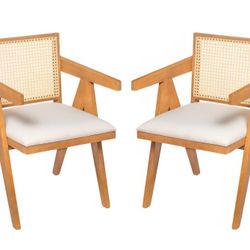 New Wooden Arm RATTAN Dining Chairs, Cane Upholstered Kitchen Chairs With Beige Linen Cushion,Set of 2