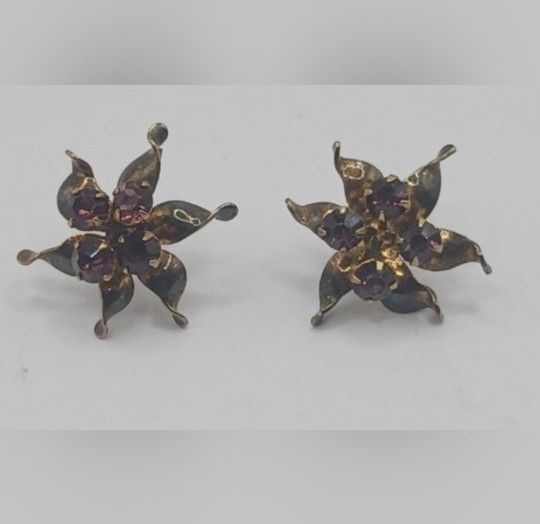 Vintage Sterling Rhinestone Flower Earrings, screwball
