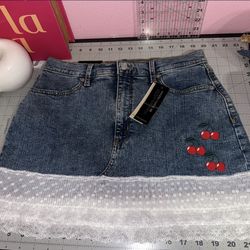 Banana Republic Reworked Denim Skirt – Cherry Embroidery & Lace Hem (New)