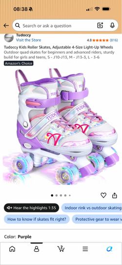 Used Tudoccy Kids Roller Skates, Adjustable 4-Size Light-Up Wheels Outdoor quad skates for beginners and advanced riders, sturdy build for girls and t