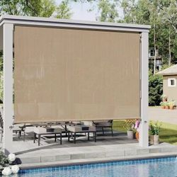 VICLLAX Outdoor Roller Shade  Patio Cordless Roller Blinds, Exterior Roll Up Shade with Spliced Design for Patio Porch Gazebo, Wheat