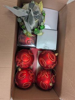 Xmas Tree Ornaments 4" Glass Blown Balls, Lrg Red Christmas Decorations Hanging, String Lights, Manjor Set Ceramic Bone China Jesus Mary, More Stuff 