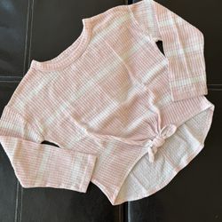 SO - Girl’s Pink and White Waffle Tie-Front Sweater