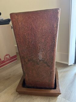 Dark Red/Maroon Ceramic Standing Pot And Saucer