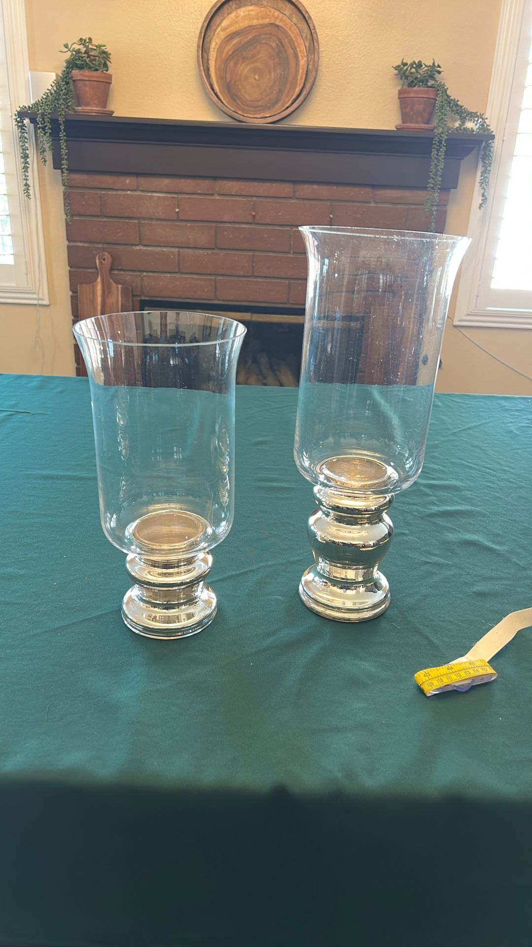 15” & 12” Glass Vases With Silver Bases
