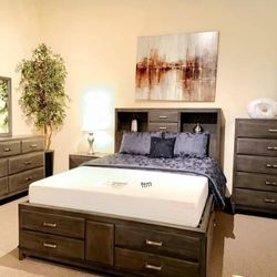 Caitbrook gray bookcase storage Platform beddroom set/Queen,full,king size available/ 