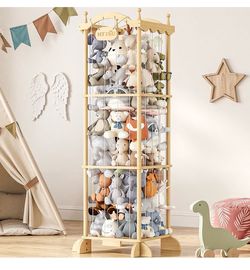 COSYLAND Stuffed Animal Storage Plushies Organizer for Kids Room Large Pine Wood Plush Toy Holder with Elastic Cords & Nameplate - Cute Castle Toy Zoo