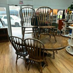 Solid Oak Table & 6 Chairs, Extender Leaf