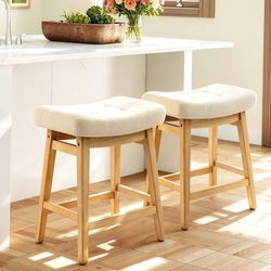 Counter Height Bar Stools Set of 2 for Kitchen Counter, Backless Farmhouse Island Short Barstools No Back with Padded Fabric Saddle Seat & Solid Wood 