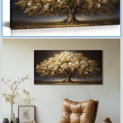 Tree Wall Art for Living Room, White Flower and Gold Leaves Canvas Wall-Decor for Bedroom, Landscape Picture Prints for Hallway Office, Size 40 x 20 I