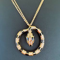 Jewelry 18k solid rose gold 0.2CTW Natural Diamond 0.03CTW Emerald stone Necklace 24” Chain Snake Pendant