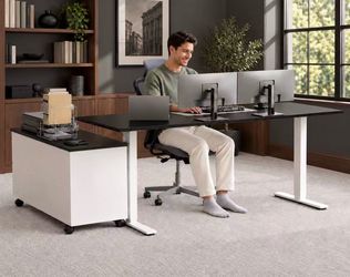 • 55" L-Shaped Motorized Standing Desk with Mobile File Cabinet & Storage Drawers, Adjustable Height Sit-to-Stand Workstation for Home Office, Black/W