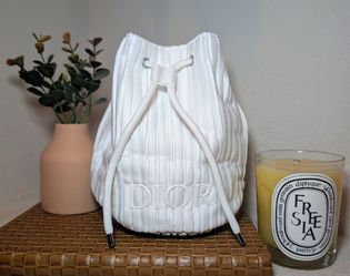 Dior White Pleated Drawstring Bucket Bag