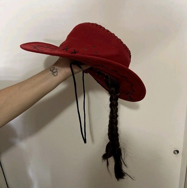 Red CowGirl Hat With Brown Hair Braids