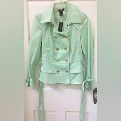 White House Black Market Green Seafoam Trench Military Belt Coat Jacket Blazer 0